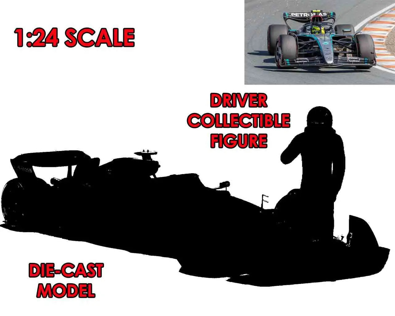 F1 MERCEDES W15 E PERFOMANCE 2023 WITH RUSSEL FIGURE - 1:24 DIE-CAST MODEL Frikytopia