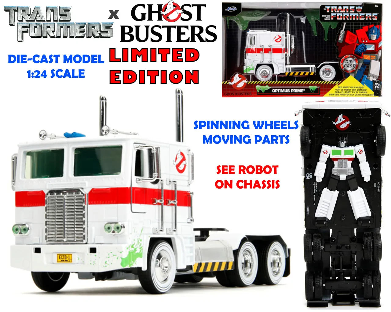TRANSFORMERS G1 X GHOSTBUSTERS OPTIMUS PRIME x ECTO 1 1/24 DIE-CAST MODEL
