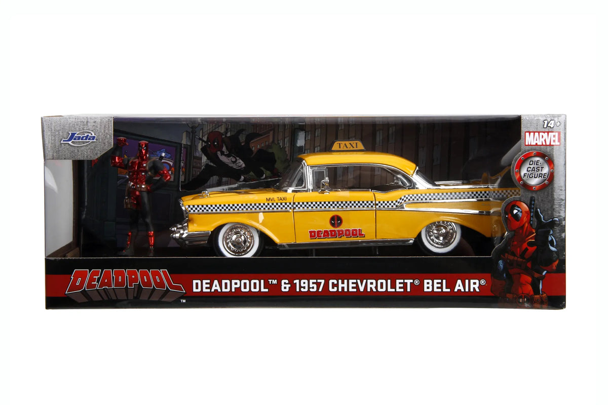 MARVEL DEADPOOL 1975 CHEVROLET YELLOW TAXI  BEL AIR & DEADPOOL 1/24 DIE-CAST MODEL