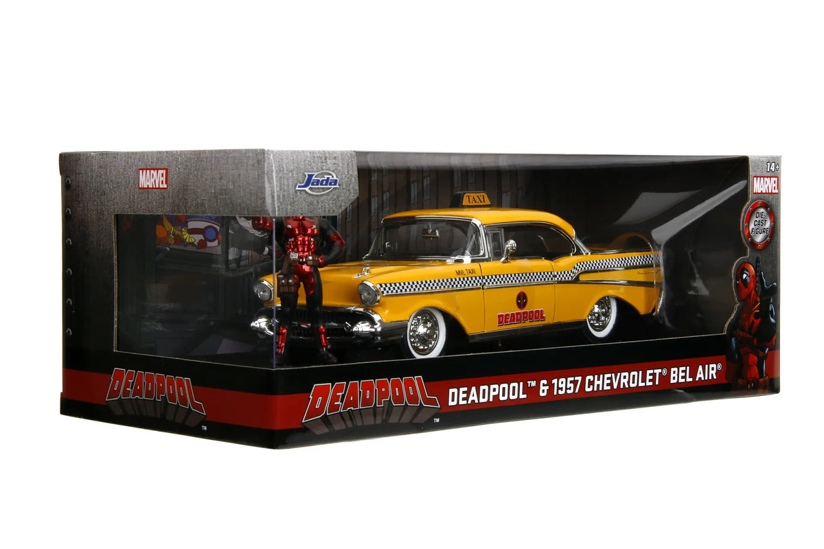 MARVEL DEADPOOL 1975 CHEVROLET YELLOW TAXI  BEL AIR & DEADPOOL 1/24 DIE-CAST MODEL
