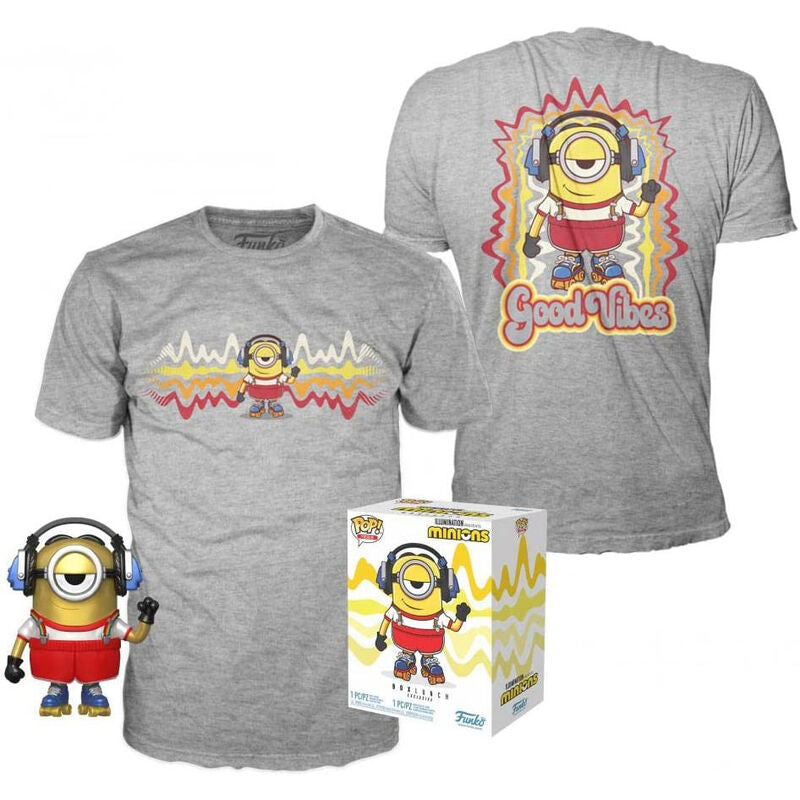 Set Figura POP Tee Minions Roller Skating Stuart Metallic Talla S Frikytopia