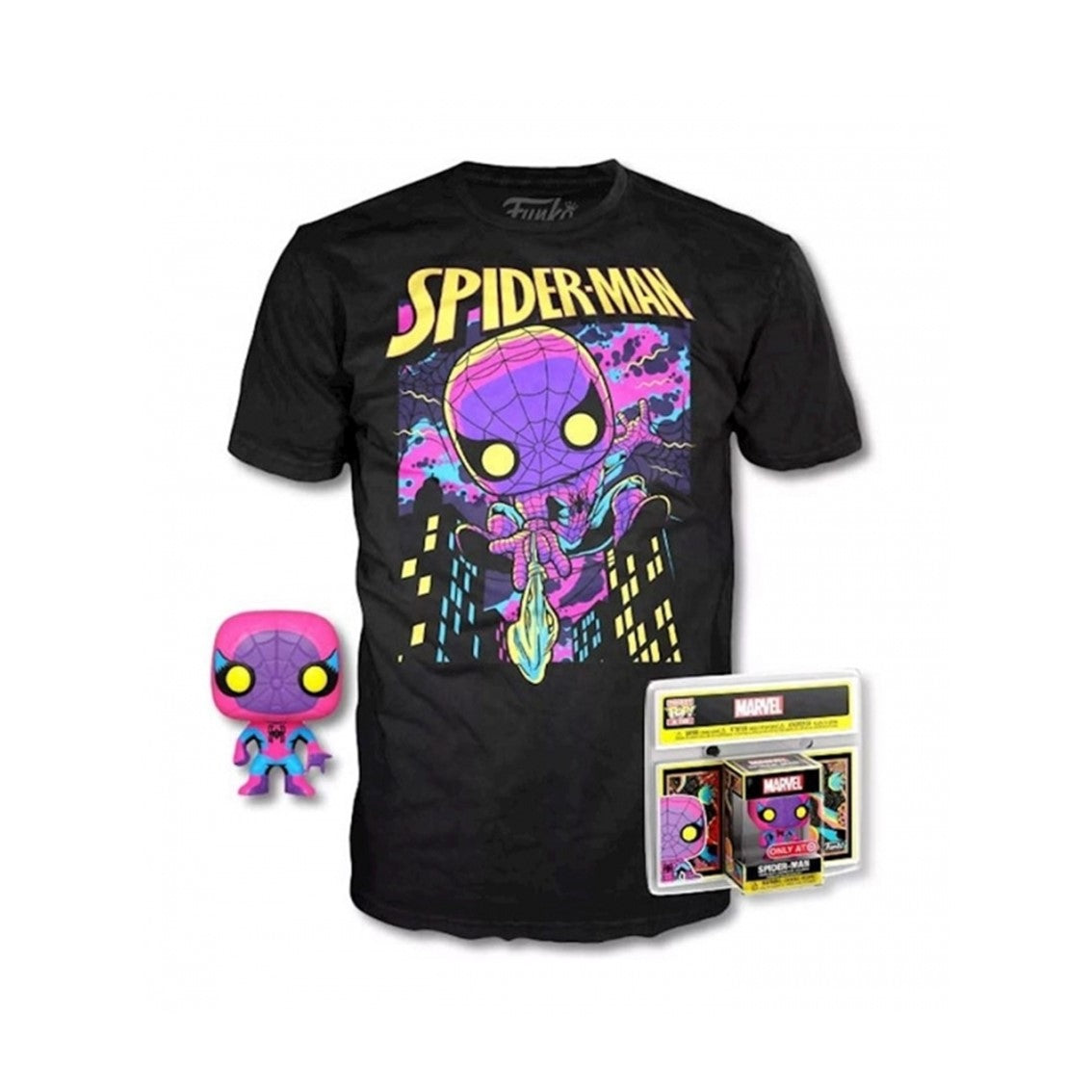 Pop & tee marvel spiderman black light funko + camiseta talla xl Frikytopia