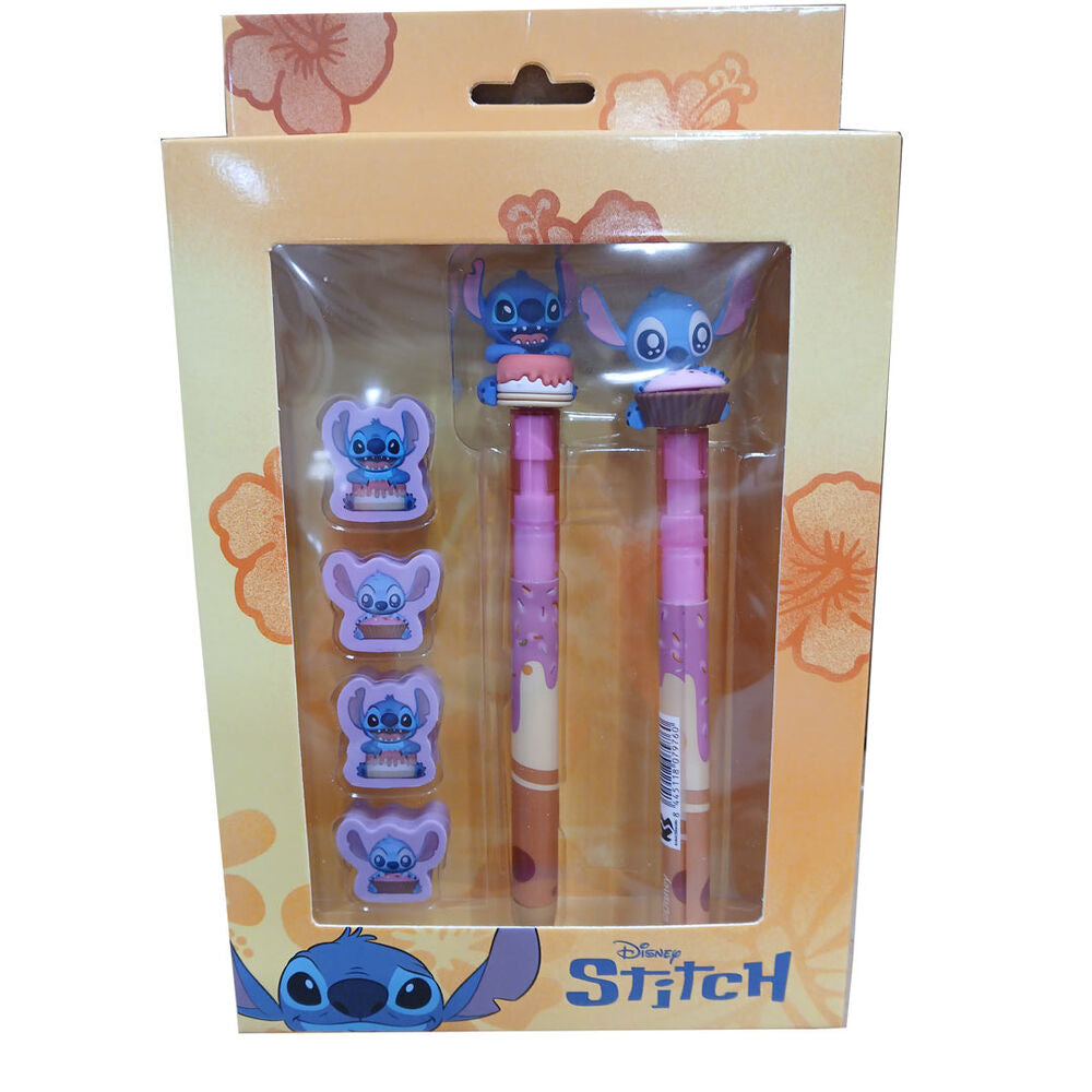 Blister Boligrafo + Lapiz + 4 gomas Stitch Disney Frikytopia