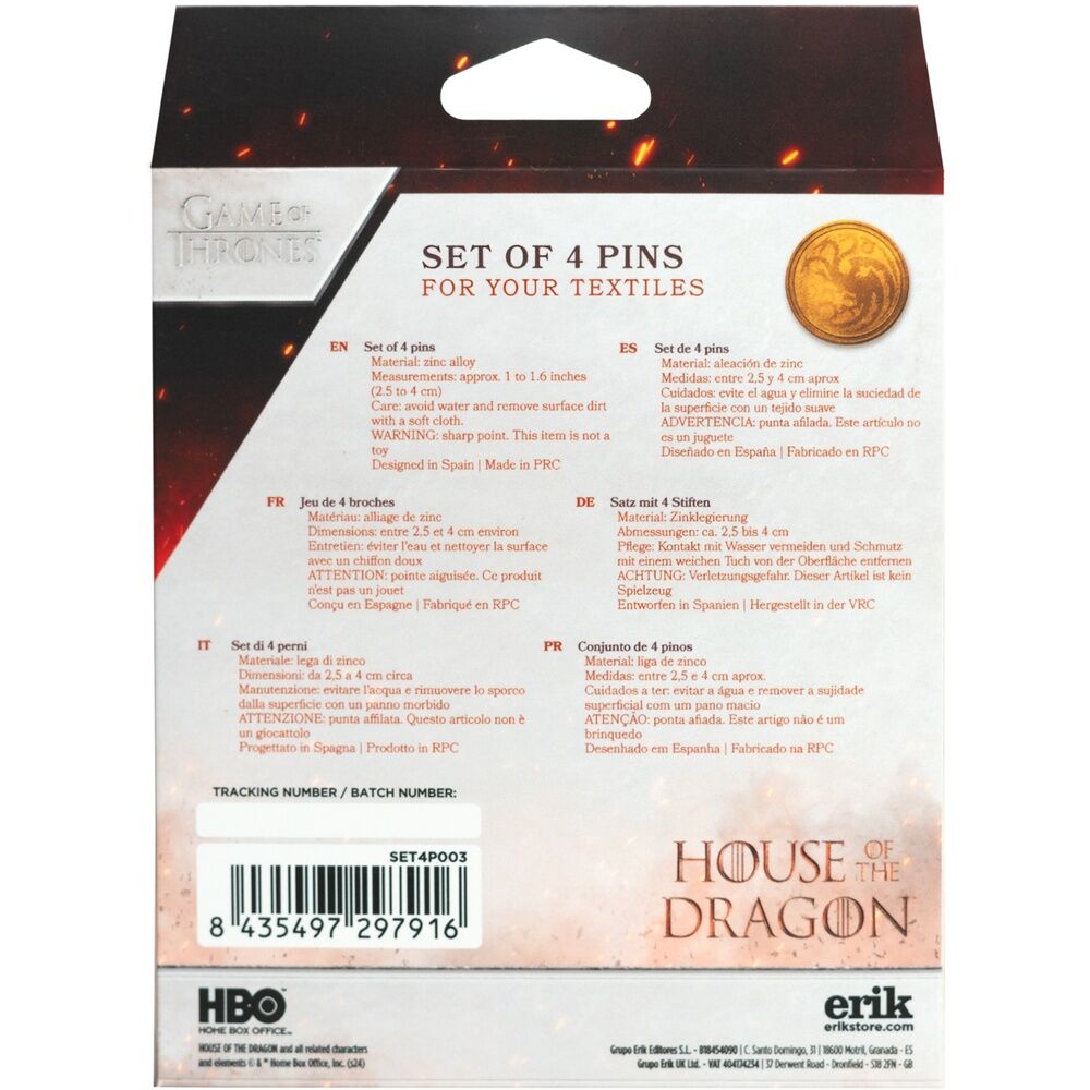Blister Set 4 Pins Juego de Tronos la Casa del Dragon
