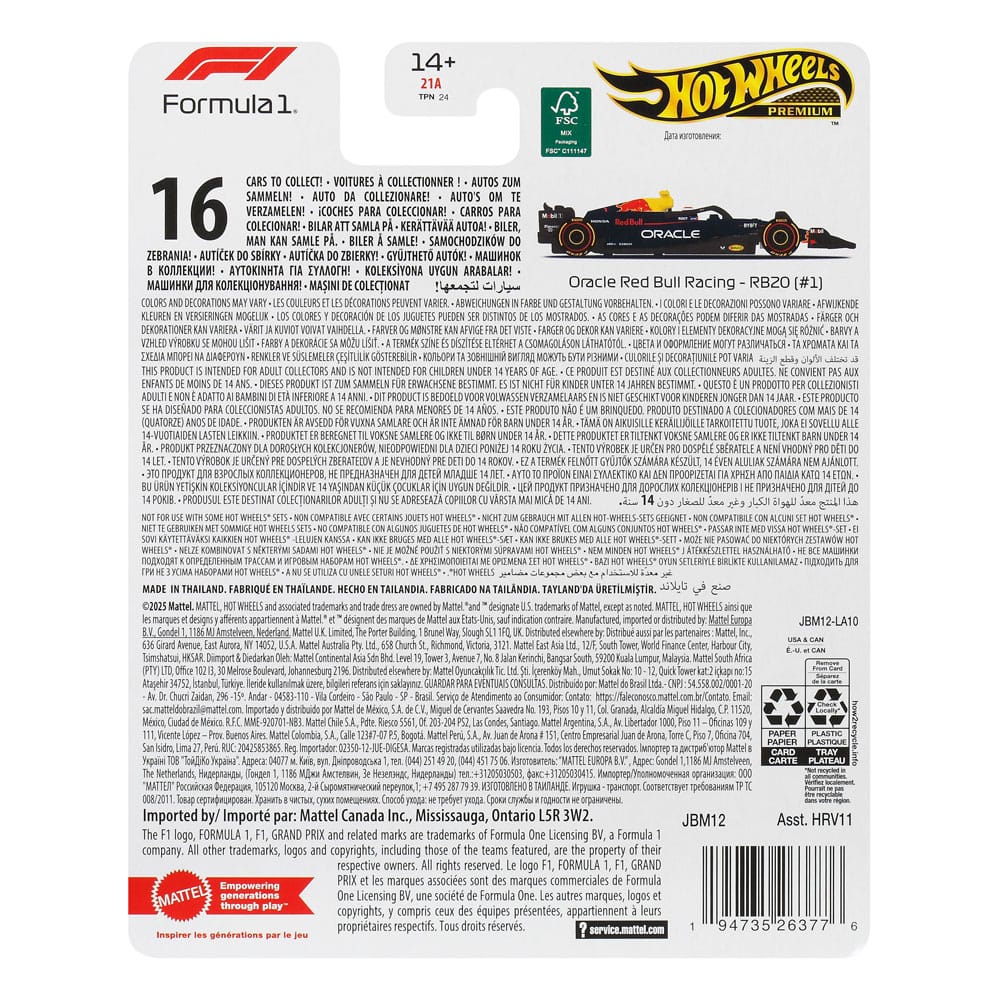 Fórmula 1 Hot Wheels Premium Vehículo Die-Cast 1/64 Oracle Red Bull Racing RB20 (#1) (Max Verstappen 2024)