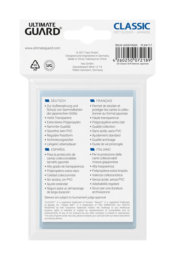 Ultimate Guard Classic Soft Sleeves Fundas de Cartas Tamaño Japonés Transparente (100)