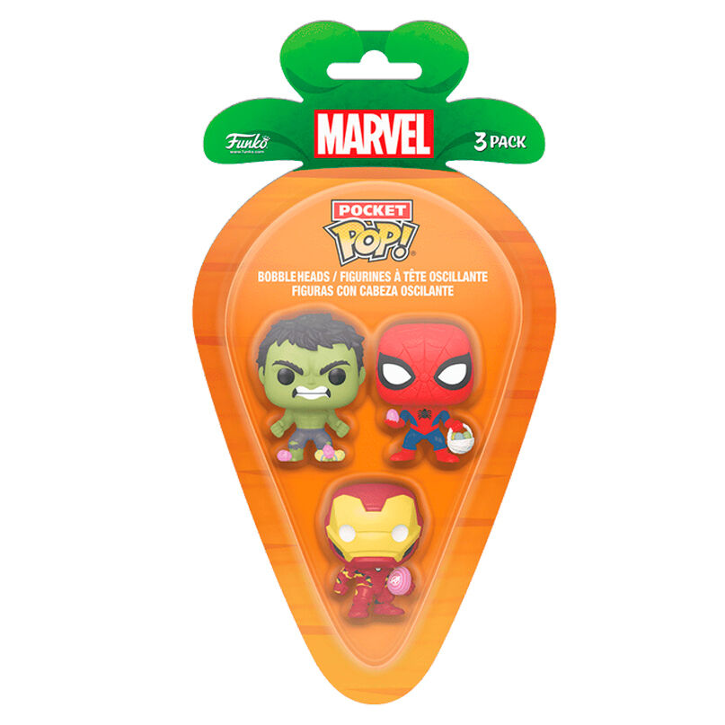 Blister 3 figuras Carrot Pocket POP Marvel Spiderman Hulk Iron Man Pascu Frikytopia