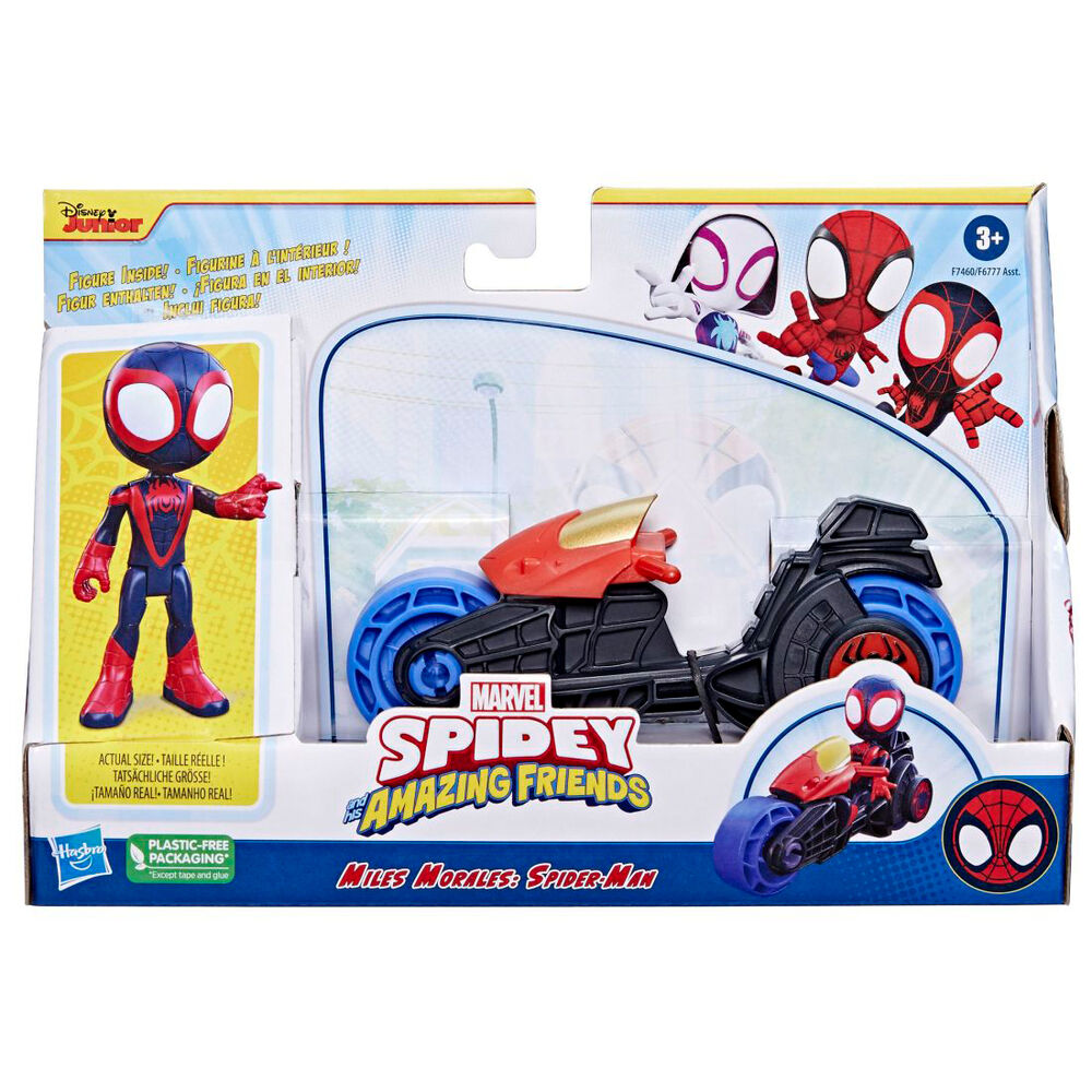 Marvel spidey superequipo miles morales con motocicleta