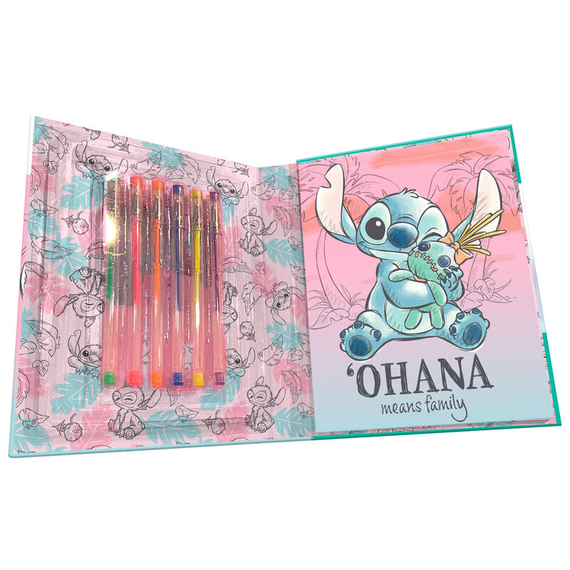 Blister cuaderno actividades y 6 boligrafos gel Stitch Disney