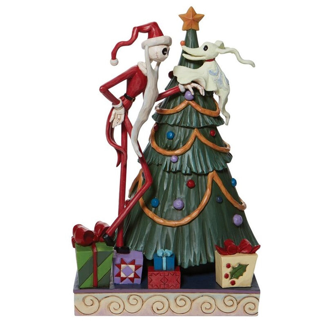 Figura enesco pesadilla antes de navidad santa jack y zero junto a arbol