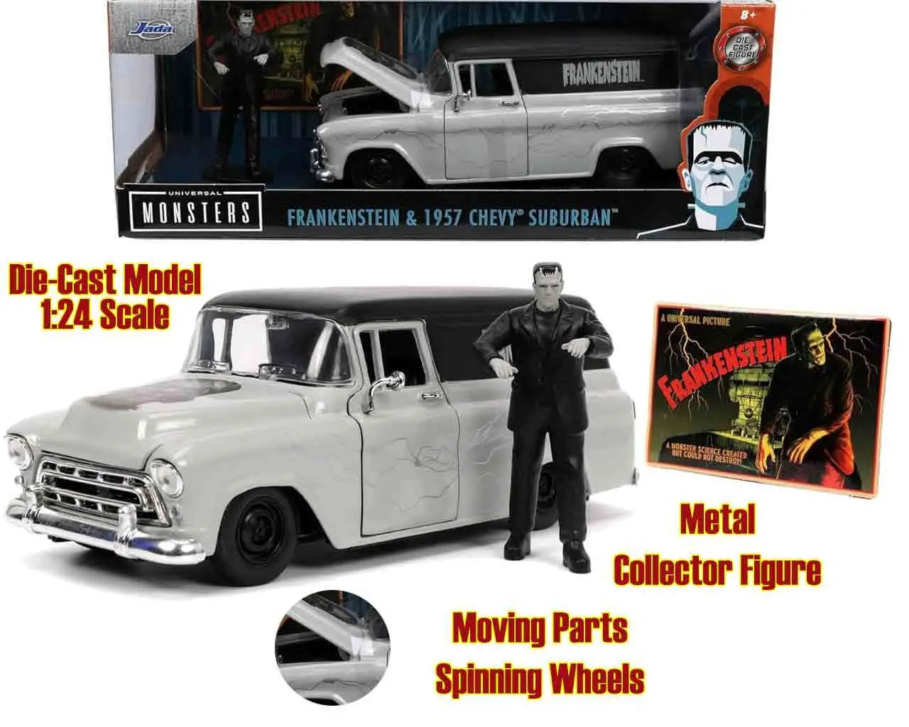 UNIVERSAL MONSTER 1957 CHEVY SUBURBAN & FRANKENSTEIN 1/24 DIE-CAST MODEL Frikytopia