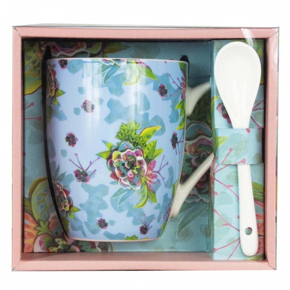 Taza de ceramica con cuchara enesco flores Frikytopia