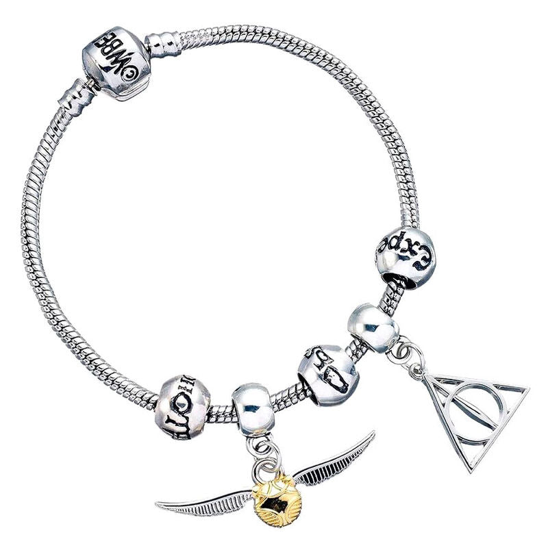 Pulsera plateada charms Deathly Hallows Snitch 3 Spellbeads Harry Potter Frikytopia