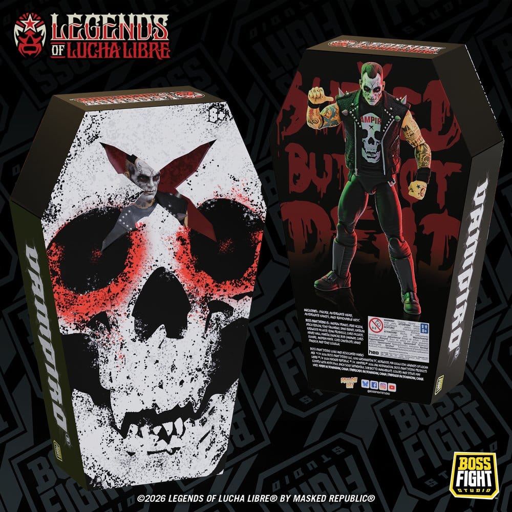 Legends of Lucha Libre Fanaticos Figura Vampiro Coffin Box Resurrected 15 cm