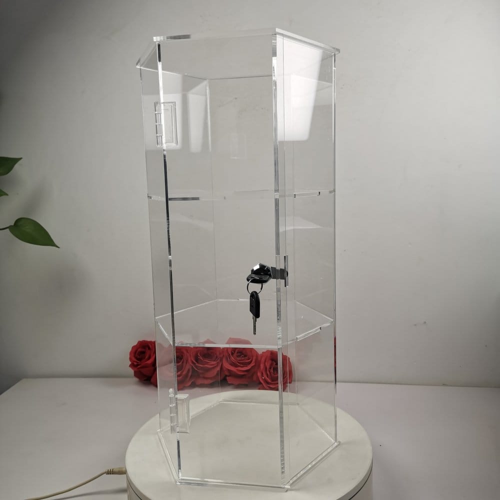 Evoretro Torre de exhibición hexagonal de acrílico de 3 niveles con cerradura Frikytopia