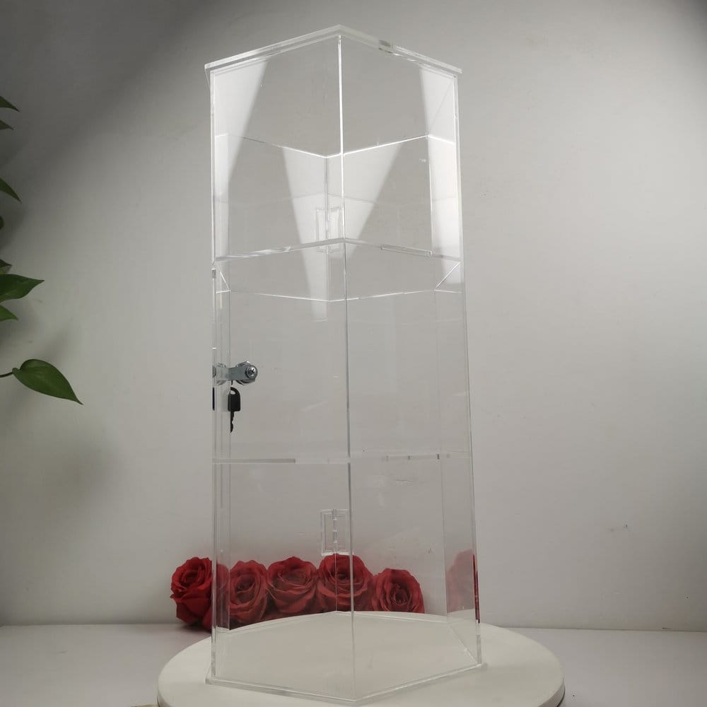 Evoretro Torre de exhibición hexagonal de acrílico de 3 niveles con cerradura
