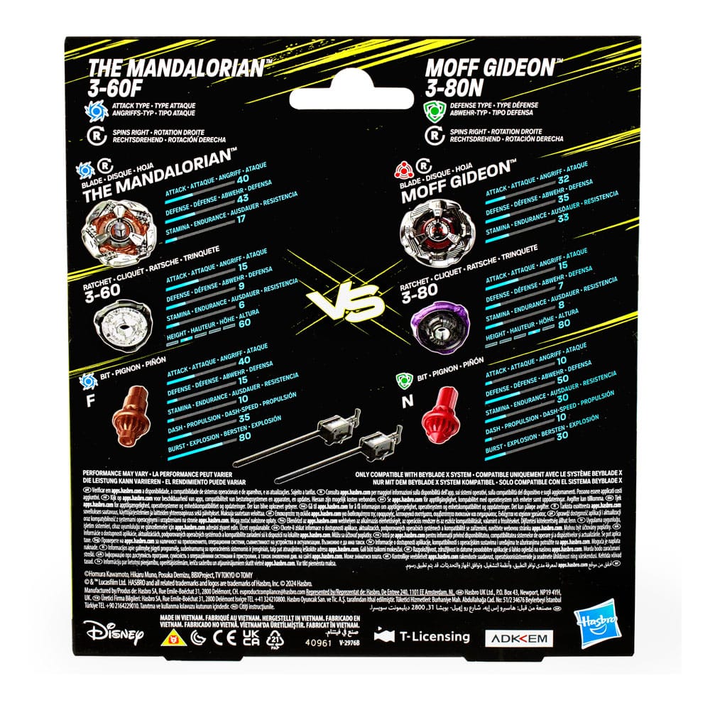 Colaboración Beyblade X y Star Wars, The Mandalorian 3-60F vs. Moff Gideon 3-80N