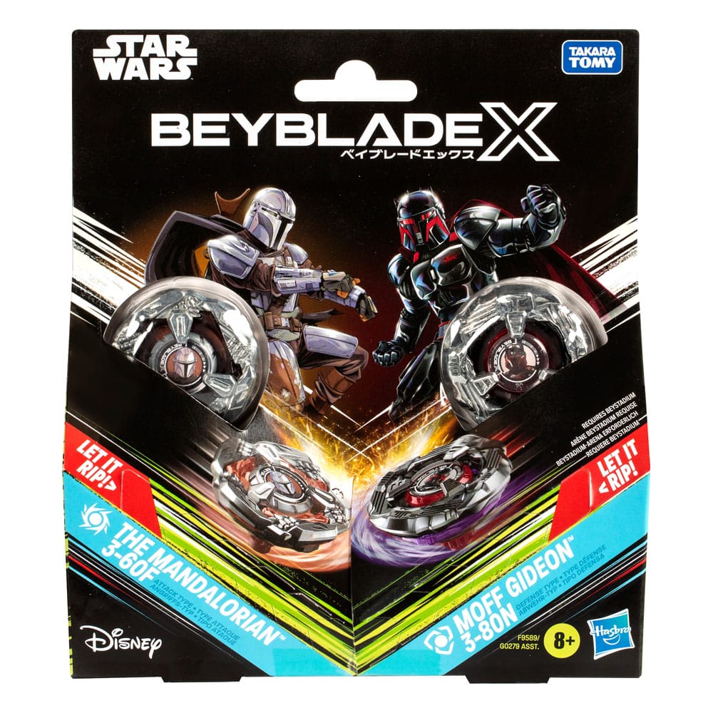 Colaboración Beyblade X y Star Wars, The Mandalorian 3-60F vs. Moff Gideon 3-80N