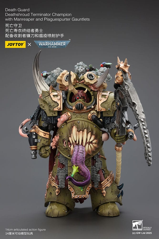 Warhammer 40k Figura 1/18 Death Guard Deathshroud Terminator Championwith Manreaper and Plaguespurter Gauntlets 14 cm