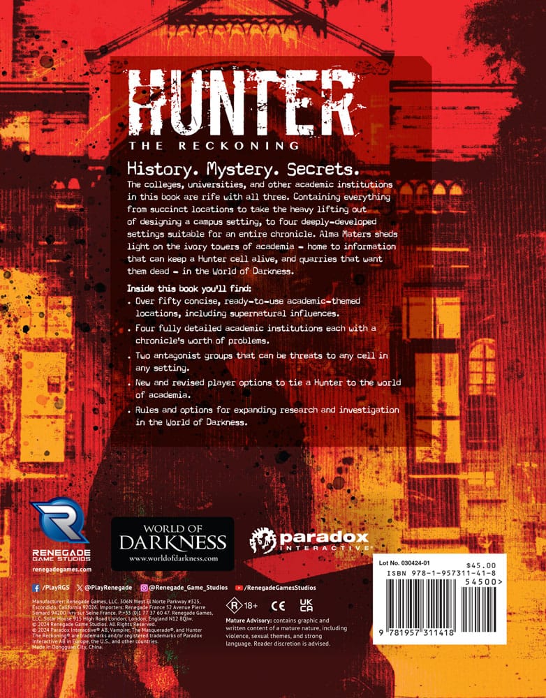 Hunter: The Reckoning 5th Edition RPG libro Alma Maters Sourcebook *Edición Inglés*