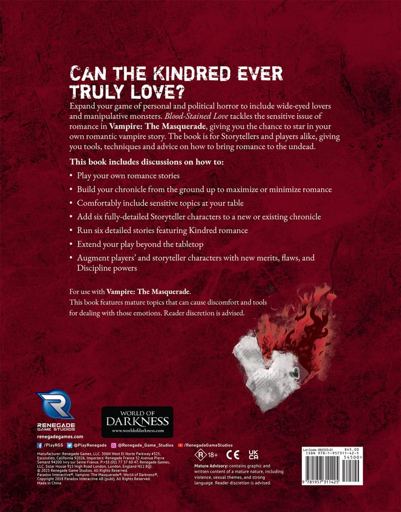 Vampire: The Masquerade 5th Edition RPG libro Blood-Stained Love Sourcebook *Edición Inglés*