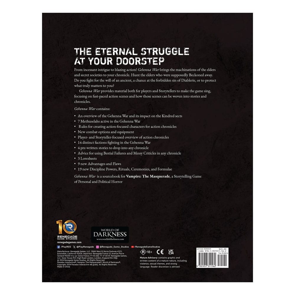 Vampire: The Masquerade 5th Edition RPG libro Gehenna War Sourcebook *Edición Inglés*
