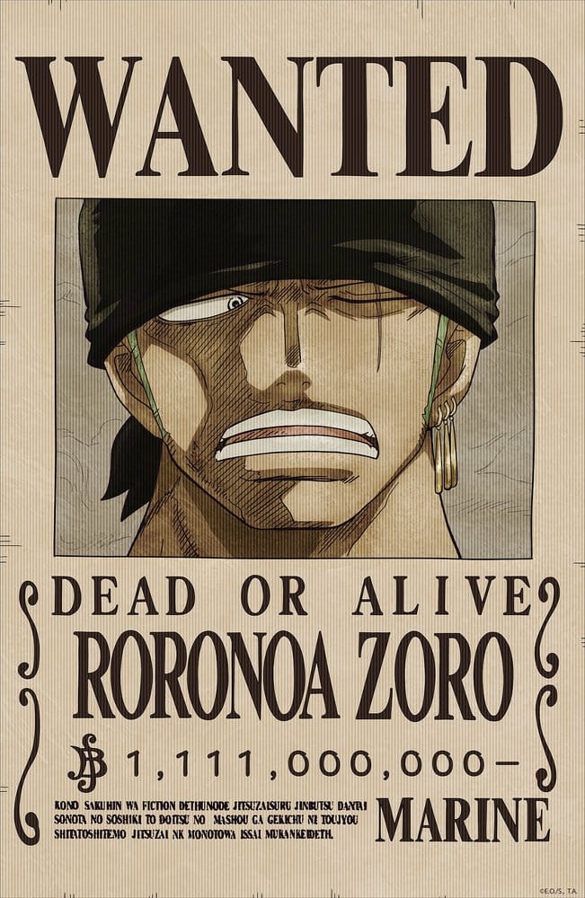 One Piece Póster 3D Wanted Roronoa Zoro 38 x 58 cm