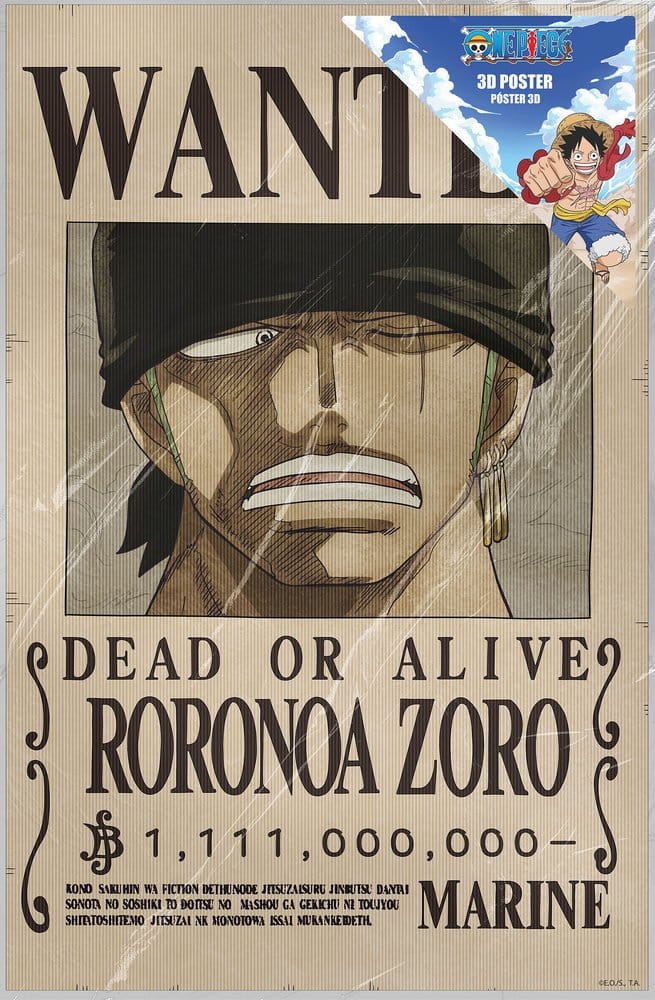 One Piece Póster 3D Wanted Roronoa Zoro 38 x 58 cm