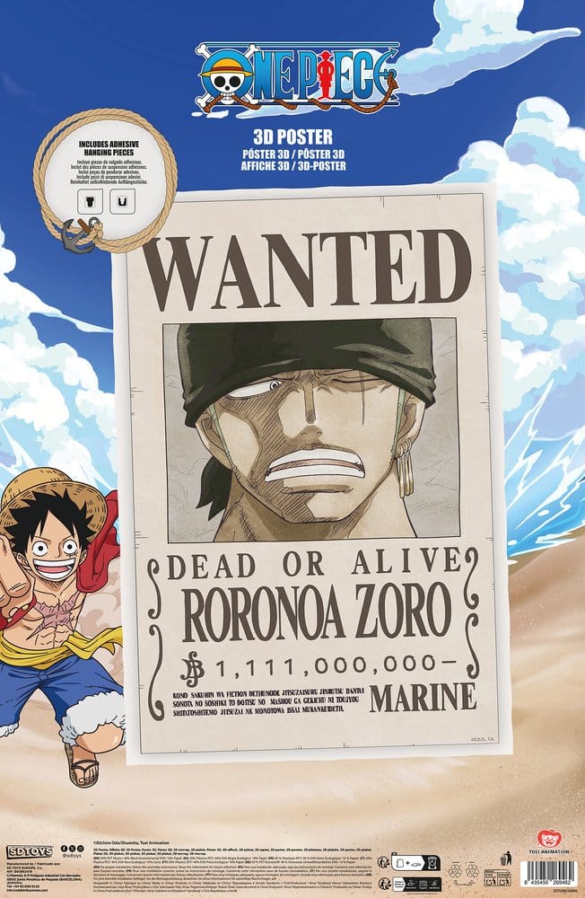 One Piece Póster 3D Wanted Roronoa Zoro 38 x 58 cm