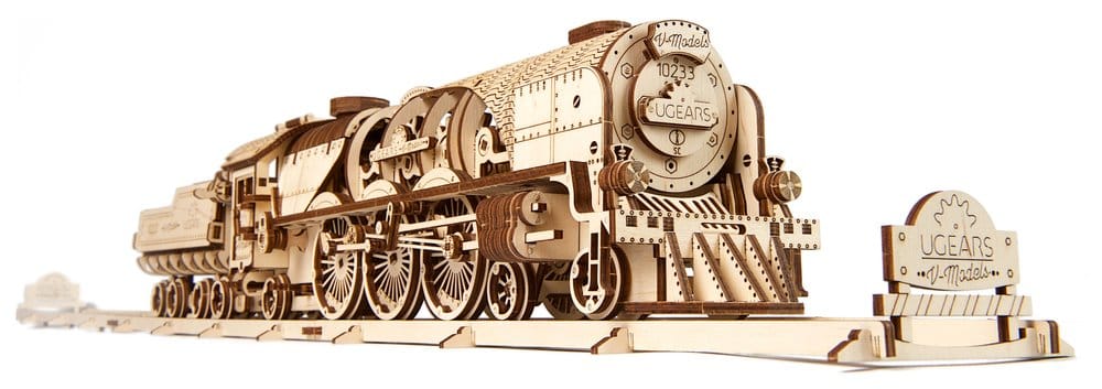 Ugears Puzzle de madera 3D Locomotora de vapor V-Express con ténder