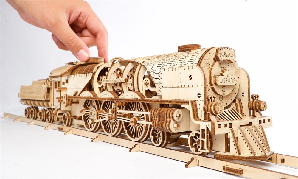 Ugears Puzzle de madera 3D Locomotora de vapor V-Express con ténder