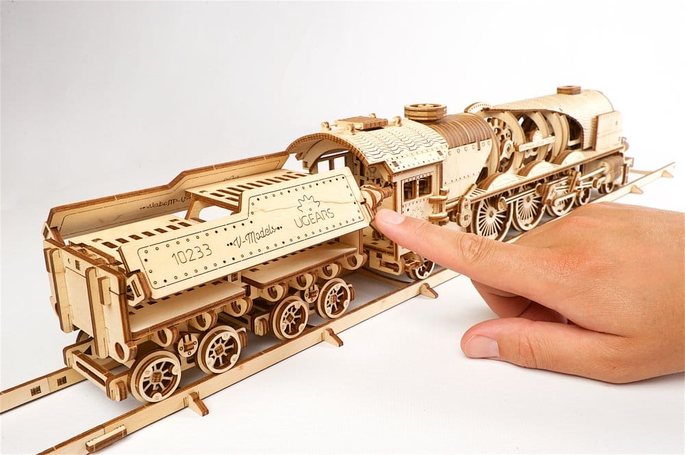 Ugears Puzzle de madera 3D Locomotora de vapor V-Express con ténder