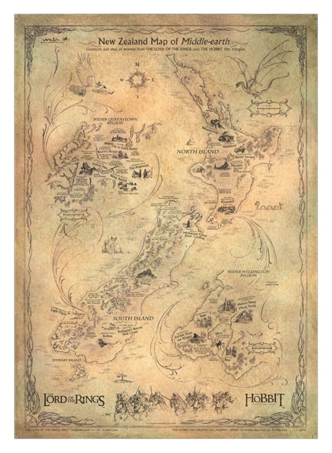 El Hobbit Litografia New Zealand Map of Middle Earth 50 x 70 cm Frikytopia