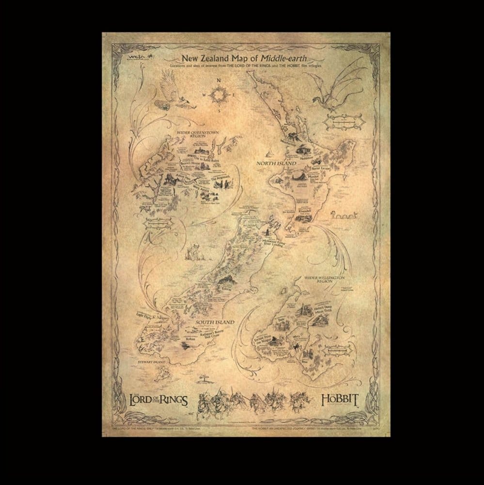 El Hobbit Litografia New Zealand Map of Middle Earth 50 x 70 cm